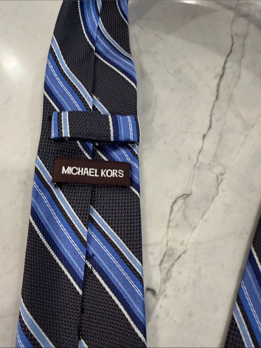 Michael Kors Black Tie with Blue Diagonal Stripes